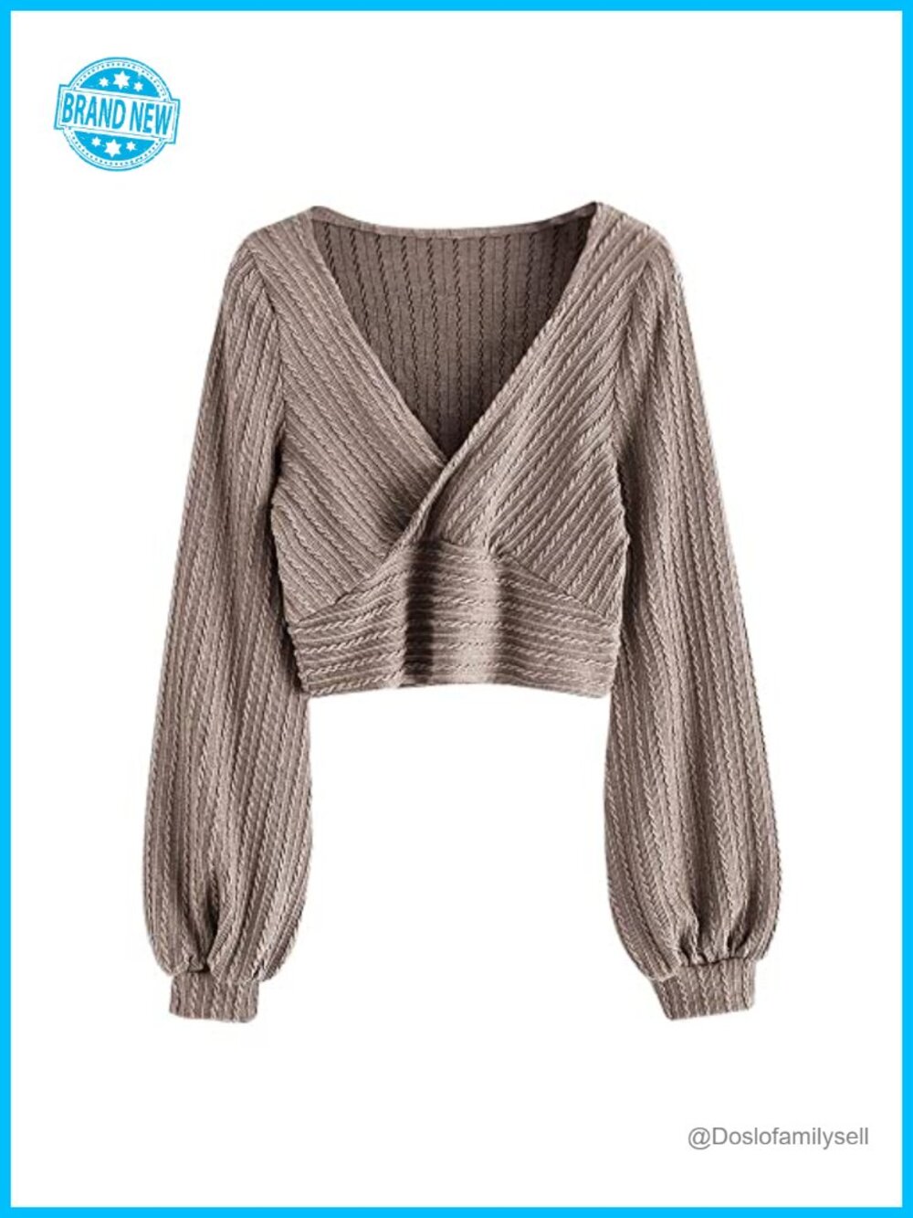 Ribbed Knit Cropped Top V-Neck Lantern Sleeve Pullover Cotton Blend